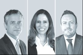 Benjamín García Mekis, de García & Ruiz-Tagle Abogados (izquierda); Luiza Lacerda, de Demarest Advogados, y Gabriel González, de CMS Woodhouse Lorente Ludlow.